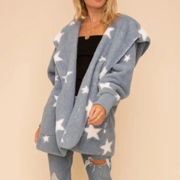 017 Cozy Star Print Teddy oversized hoodie Jacket - Picture 3 of 11